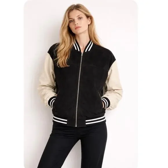 Vintage Cellini Genuine Suede Oversized Varsity Jacket In Black And Cream